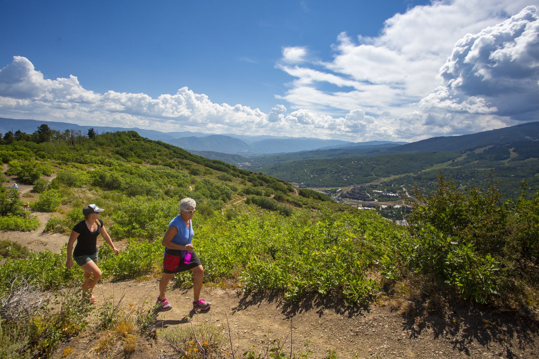 Two hikers ascend a mountain trail